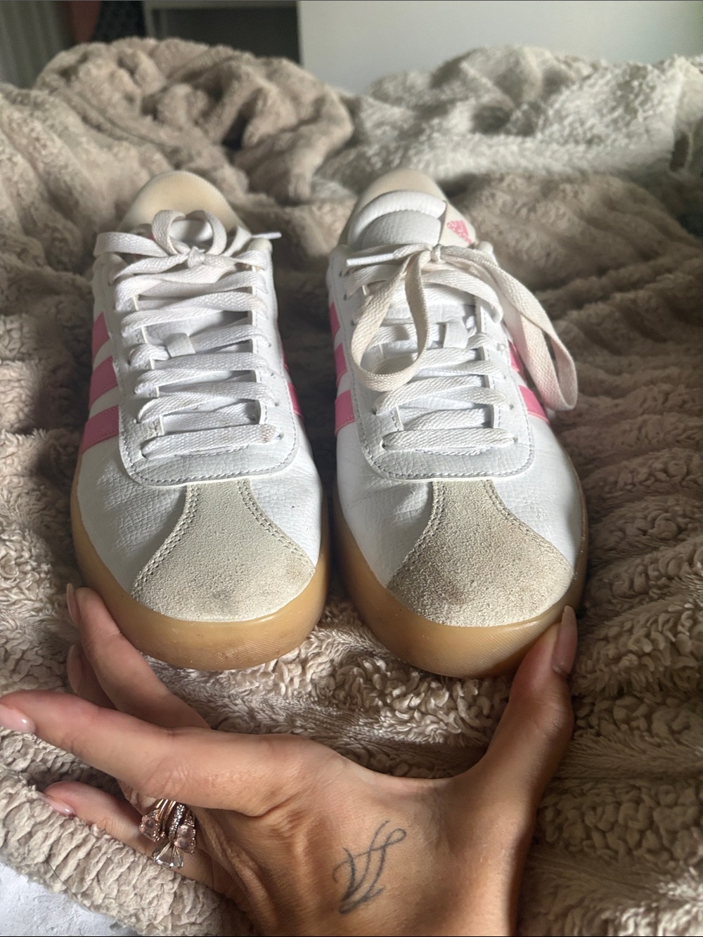adidas White Sneakers with Pink Stripes and Gum Sole - Picture 3 of 7